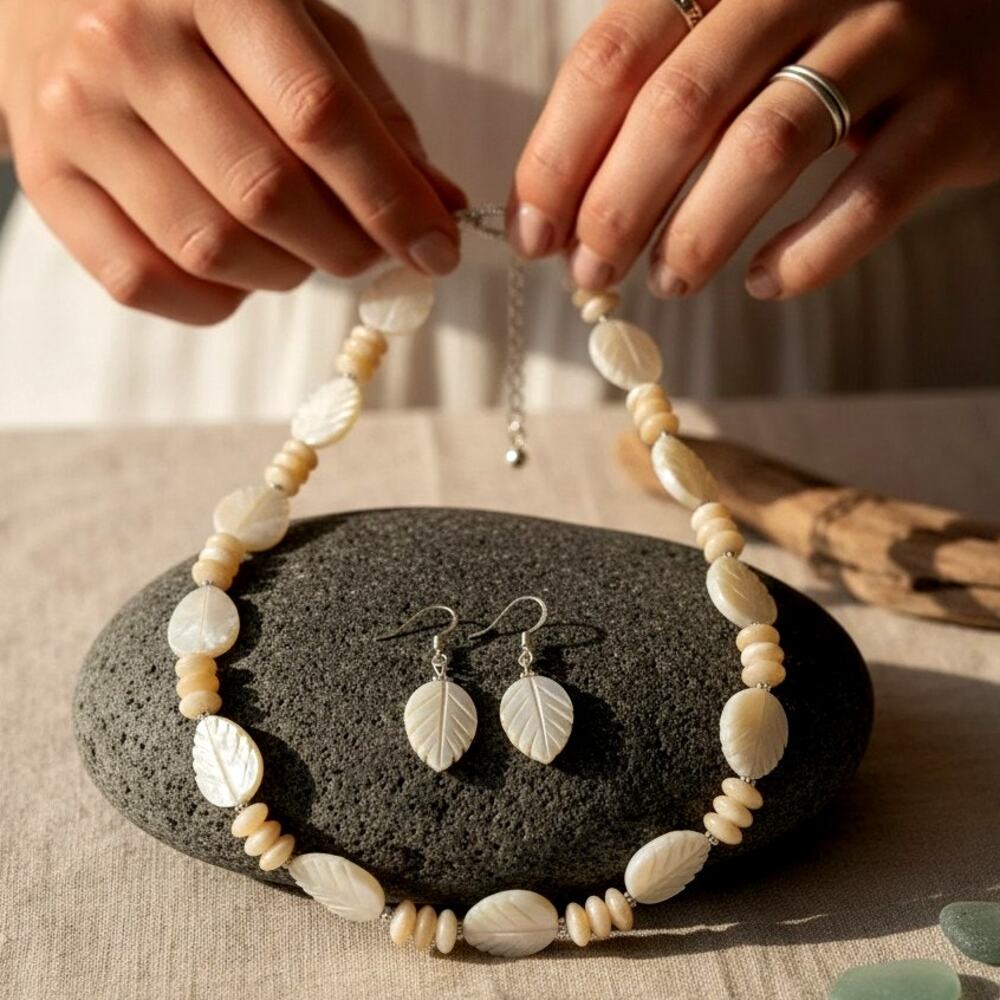 Hand Carved Mother of Pearl Jewelry Set Coastal Boho Leaves